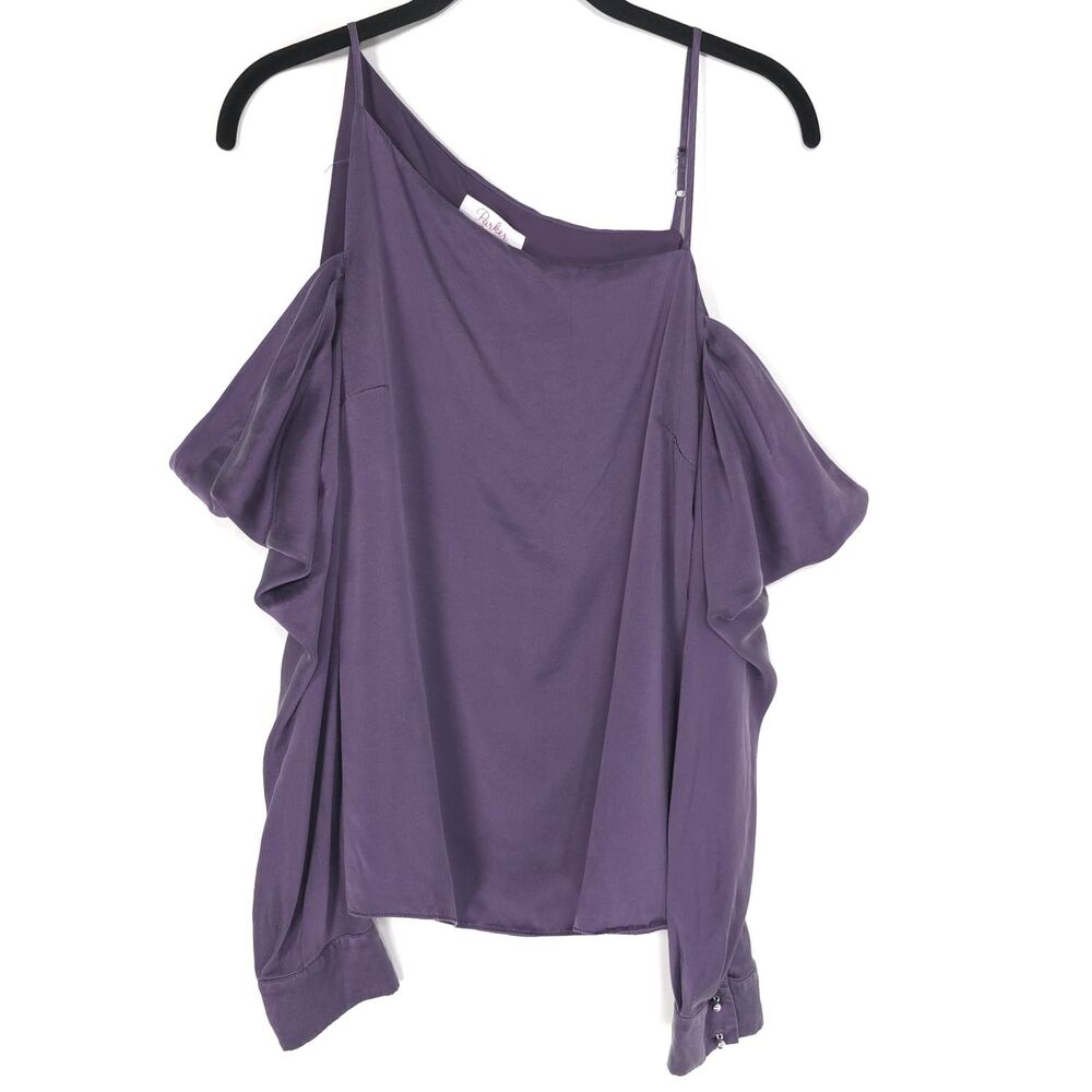 PARKER Women's Top Blouse‎ MEDIUM Purple 100% Silk One Shoulder Asymmetrical